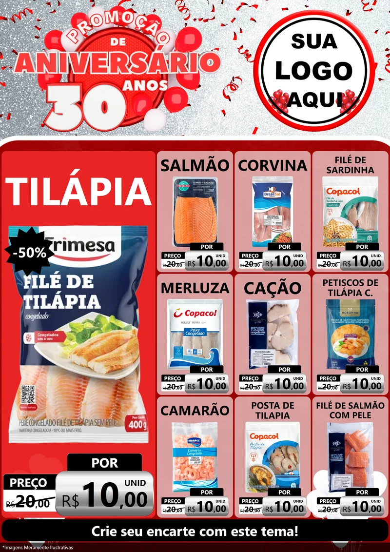 Modelo de Encarte para Encarte A4 Vertical com o tema Promoção de Aniversário - 30 Anos para Peixaria