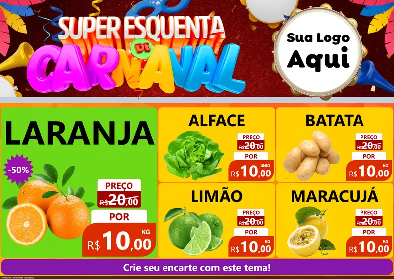 Modelo de Encarte para Encarte A4 Horizontal com o tema Super Esquenta de Carnaval para Hortifrúti