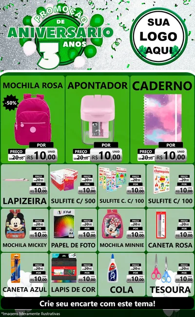Modelo de Encarte para Encarte Grande com o tema Promoção de Aniversário - 3 Anos para Papelaria