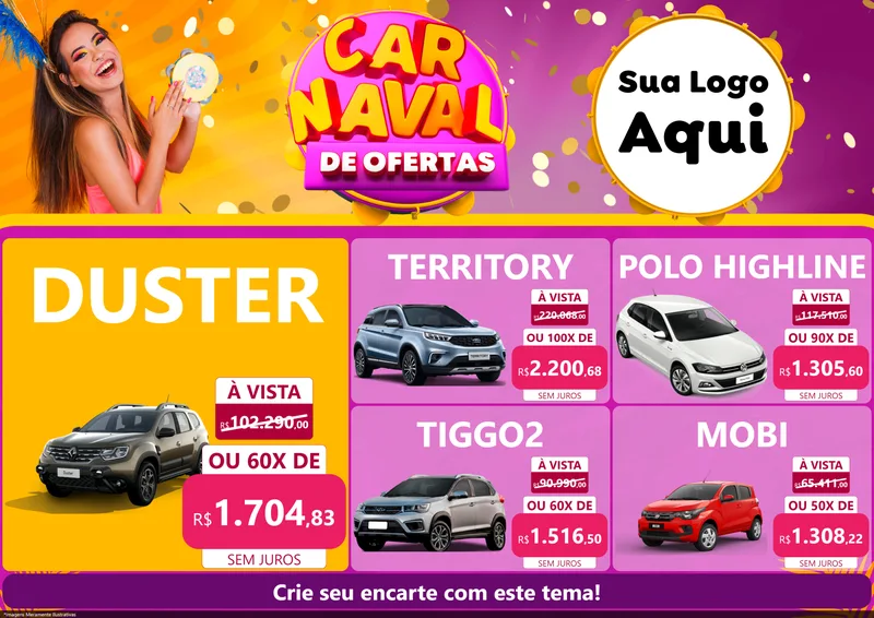 Modelo de Encarte para Encarte A4 Horizontal com o tema Carnaval de Ofertas para Concessionaria de Carros