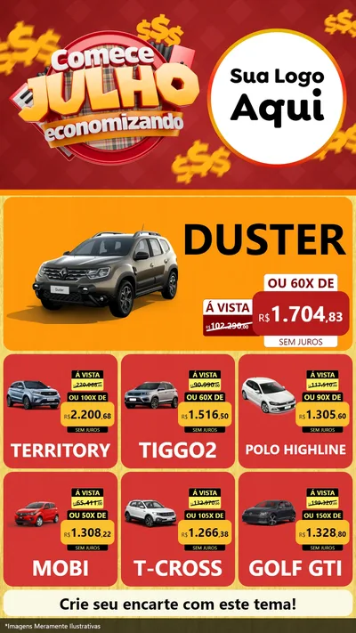 Modelo de Rede Social para Stories com o tema Comece Julho Economizando para Concessionaria de Carros