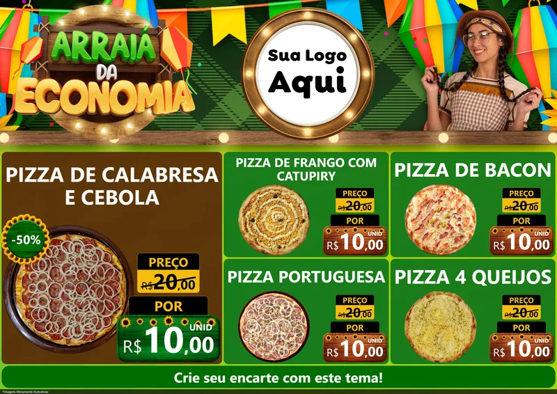 Modelo de Encarte para Encarte A4 Horizontal com o tema Arraiá de Economia para Pizzaria