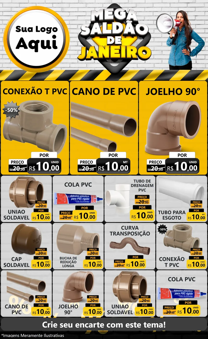 Modelo de Encarte para Encarte Grande com o tema Mega Saldão de Janeiro para Tubos e conexões