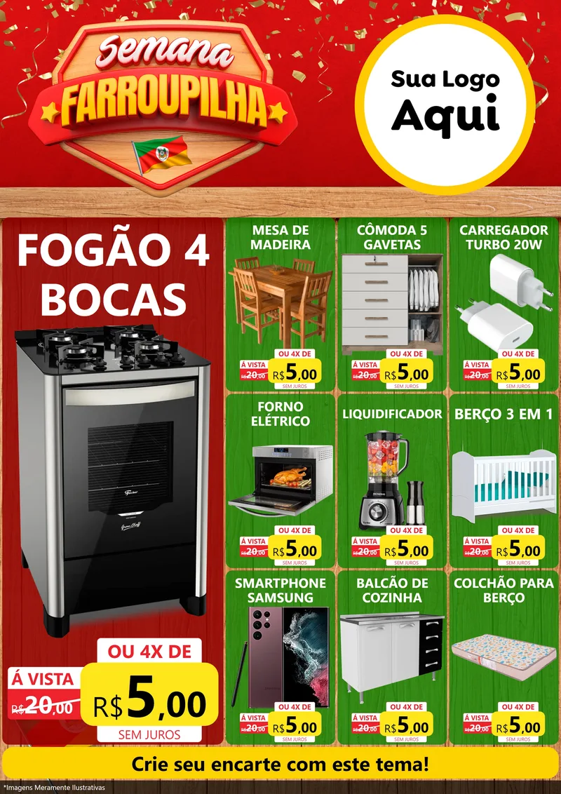 Modelo de Encarte para Encarte A4 Vertical com o tema Semana Farroupilha para Móveis e Eletro