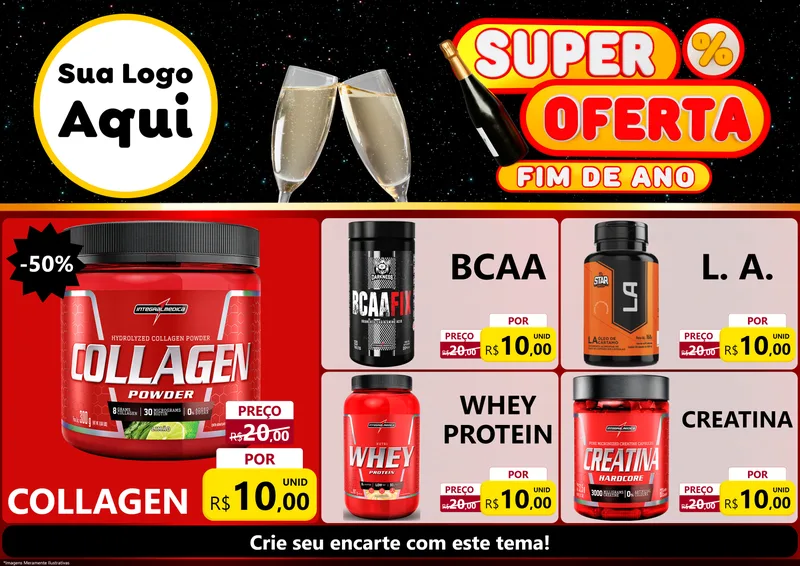 Modelo de Encarte para Encarte A4 Horizontal com o tema Super Oferta Fim de Ano para Suplementos alimentares