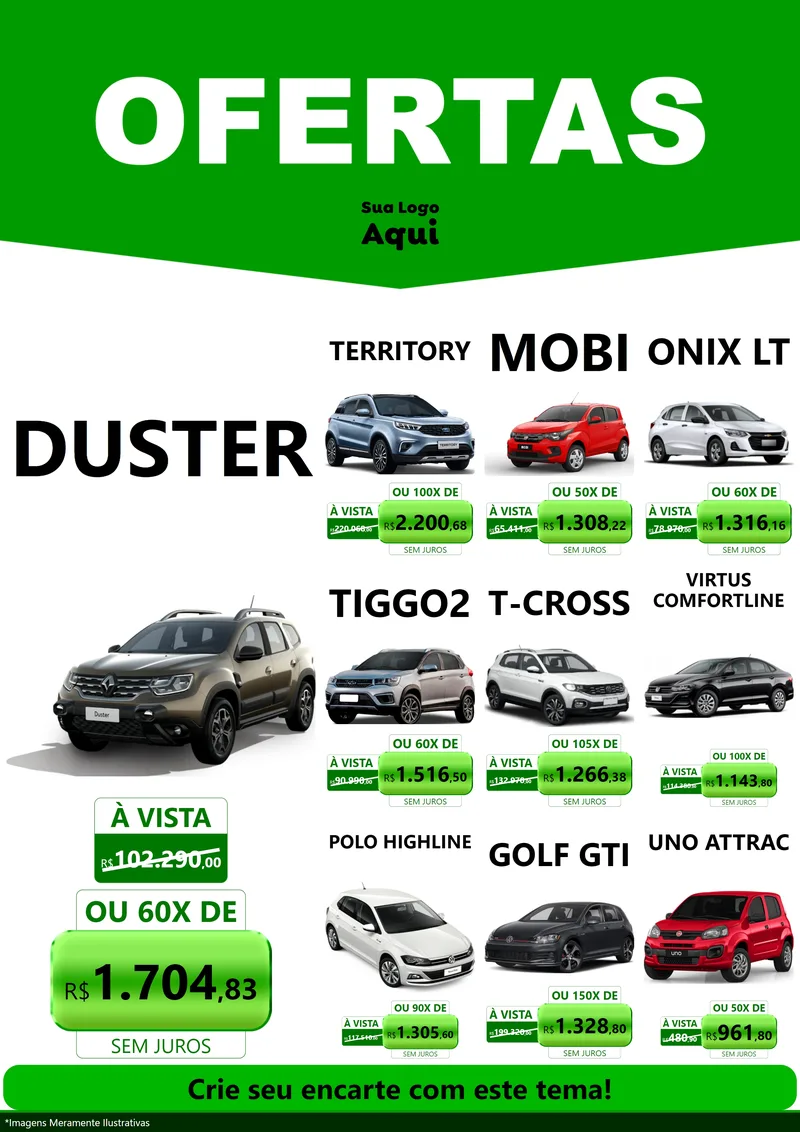 Modelo de Encarte para Encarte A4 Vertical com o tema Ofertas Verde Cartaz para Concessionaria de Carros