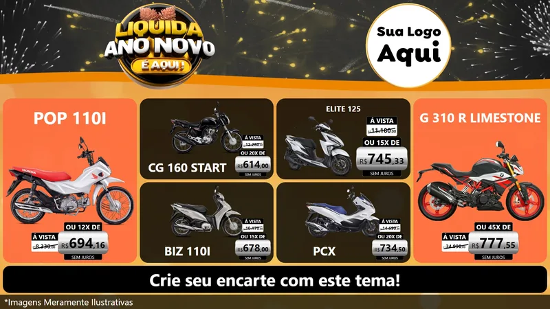 Modelo de TV para TV Horizontal com o tema Liquida Ano Novo É Aqui! para Concessionaria de Motos