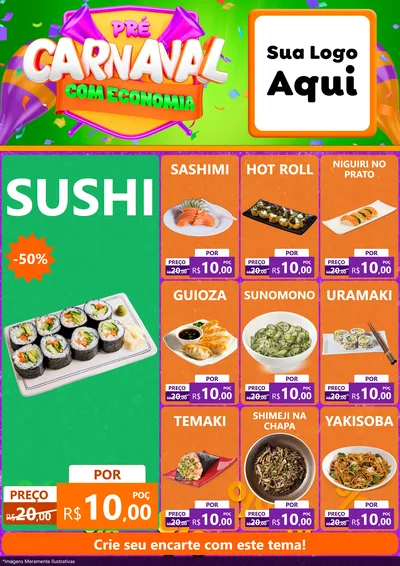 Modelo de Encarte para Encarte A4 Vertical com o tema Pré-Carnaval Com Economia para Comida japonesa