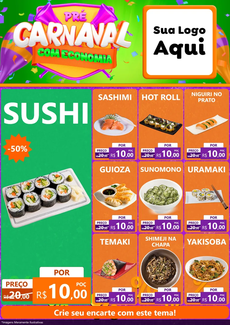 Modelo de Encarte para Encarte A4 Vertical com o tema Pré-Carnaval Com Economia para Comida japonesa