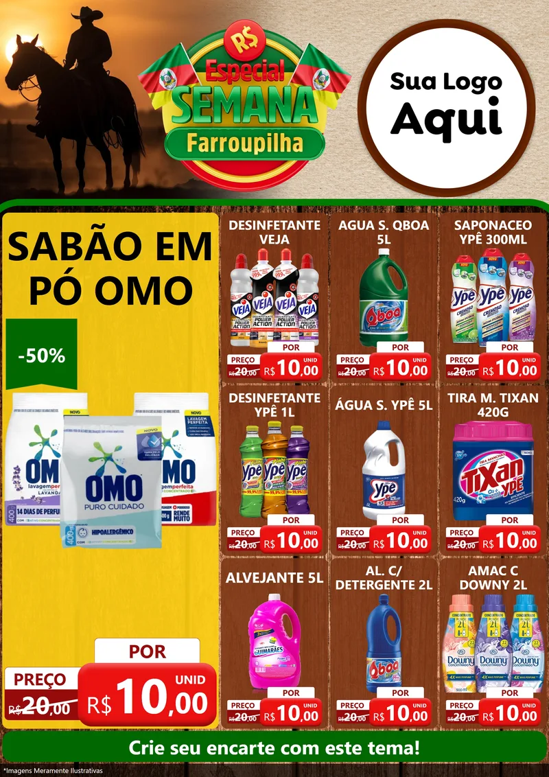 Modelo de Encarte para Encarte A4 Vertical com o tema Especial Semana Farroupilha para Produtos de Limpeza