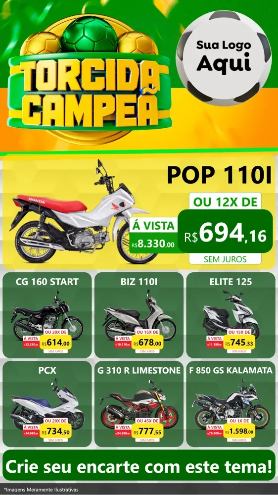 Modelo de Rede Social para Stories com o tema Torcida Campeã - Copa para Concessionaria de Motos