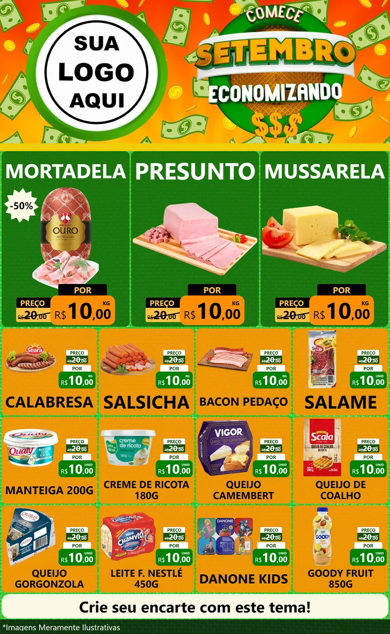 Modelo de Encarte para Encarte Grande com o tema Comece Setembro Economizando para Frios e Laticínios