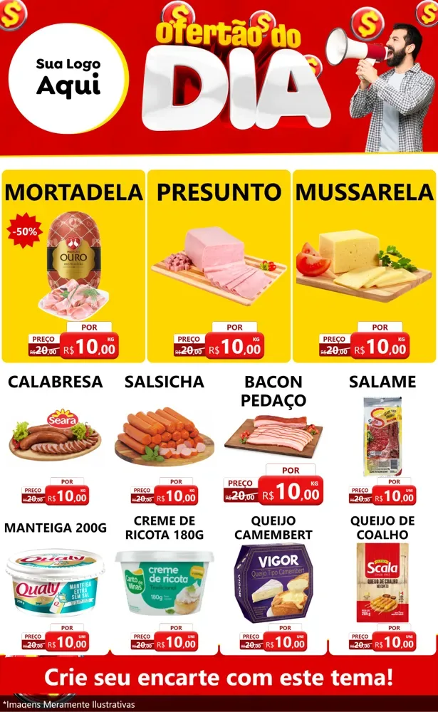 Modelo de Encarte para Encarte Grande com o tema Ofertão do dia para Frios e Laticínios