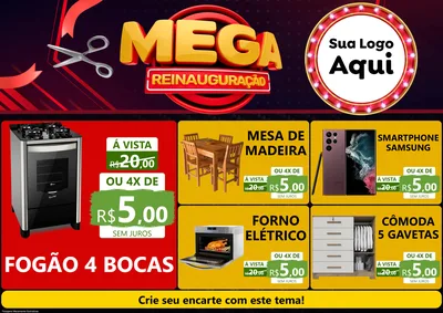 Modelo de Encarte para Encarte A4 Horizontal com o tema Mega Reinauguração para Móveis e Eletro