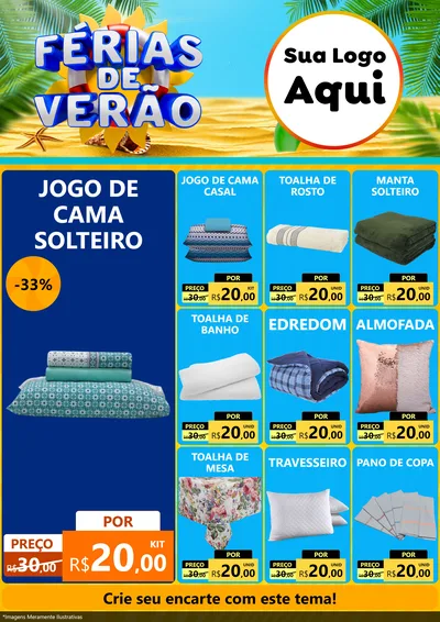 Modelo de Encarte para Encarte A4 Vertical com o tema Férias de Verão para Cama, Mesa e Banho