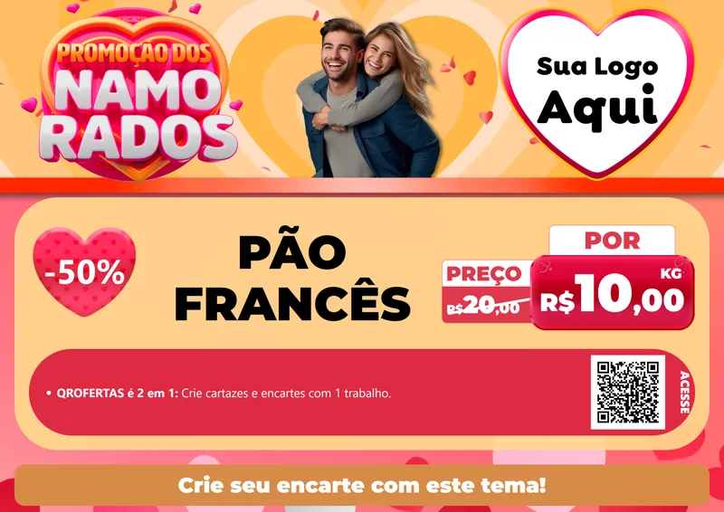 Modelo de Cartaz para Cartaz A4 Horizontal com o tema Promoção dos Namorados para Padaria