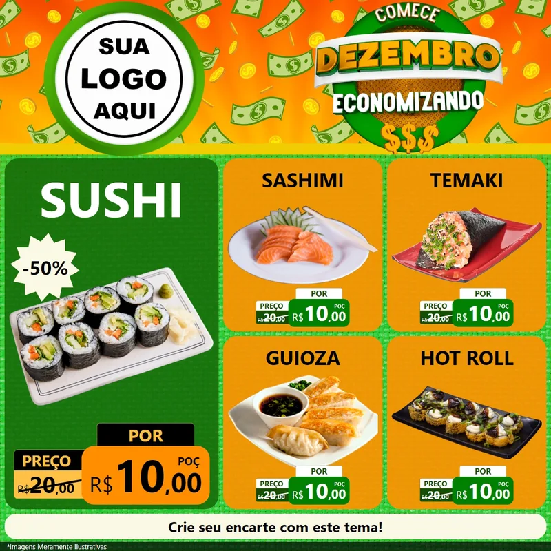 Modelo de Rede Social para Feed Facebook com o tema Comece Dezembro Economizando para Comida japonesa