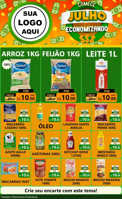 Modelo de Encarte para Encarte Grande com o tema Comece Julho Economizando para Supermercado