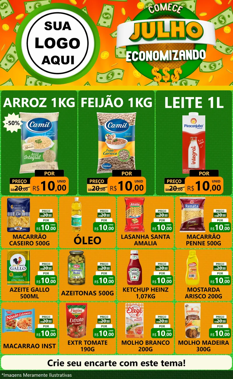 Modelo de Encarte para Encarte Grande com o tema Comece Julho Economizando para Supermercado
