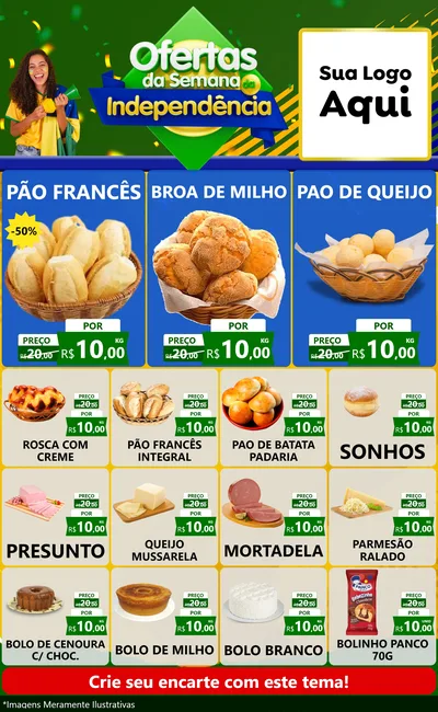 Modelo de Encarte para Encarte Grande com o tema Ofertas da Semana da Independência para Padaria