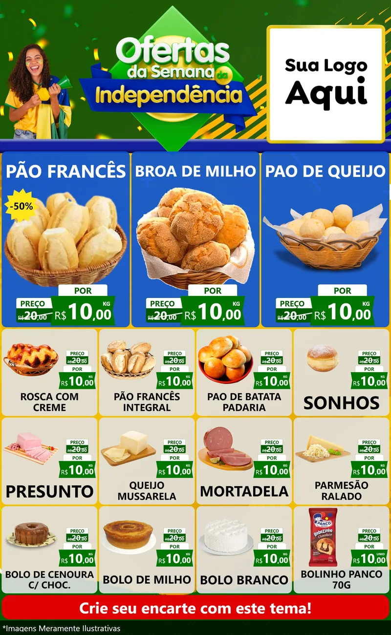 Modelo de Encarte para Encarte Grande com o tema Ofertas da Semana da Independência para Padaria