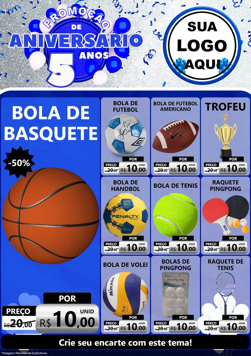 Modelo de Encarte para Encarte A4 Vertical com o tema Promoção de Aniversário - 5 Anos para Artigos Esportivos