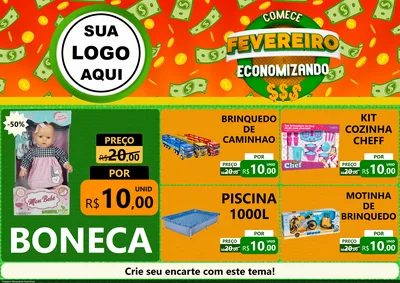 Modelo de Encarte para Encarte A4 Horizontal com o tema Comece Fevereiro Economizando para Brinquedos