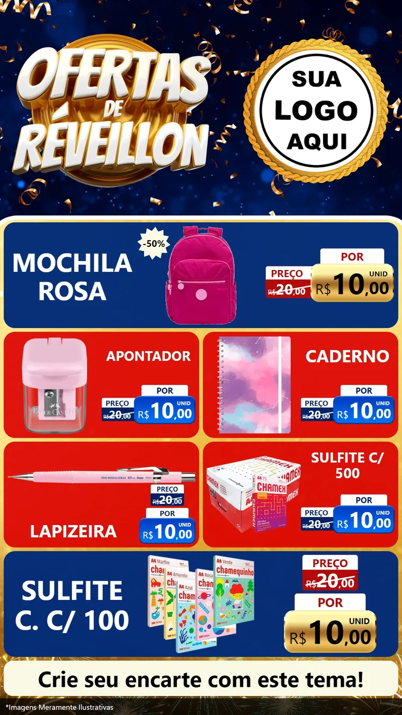 Modelo de TV para TV Vertical com o tema Ofertas de Réveillon para Papelaria