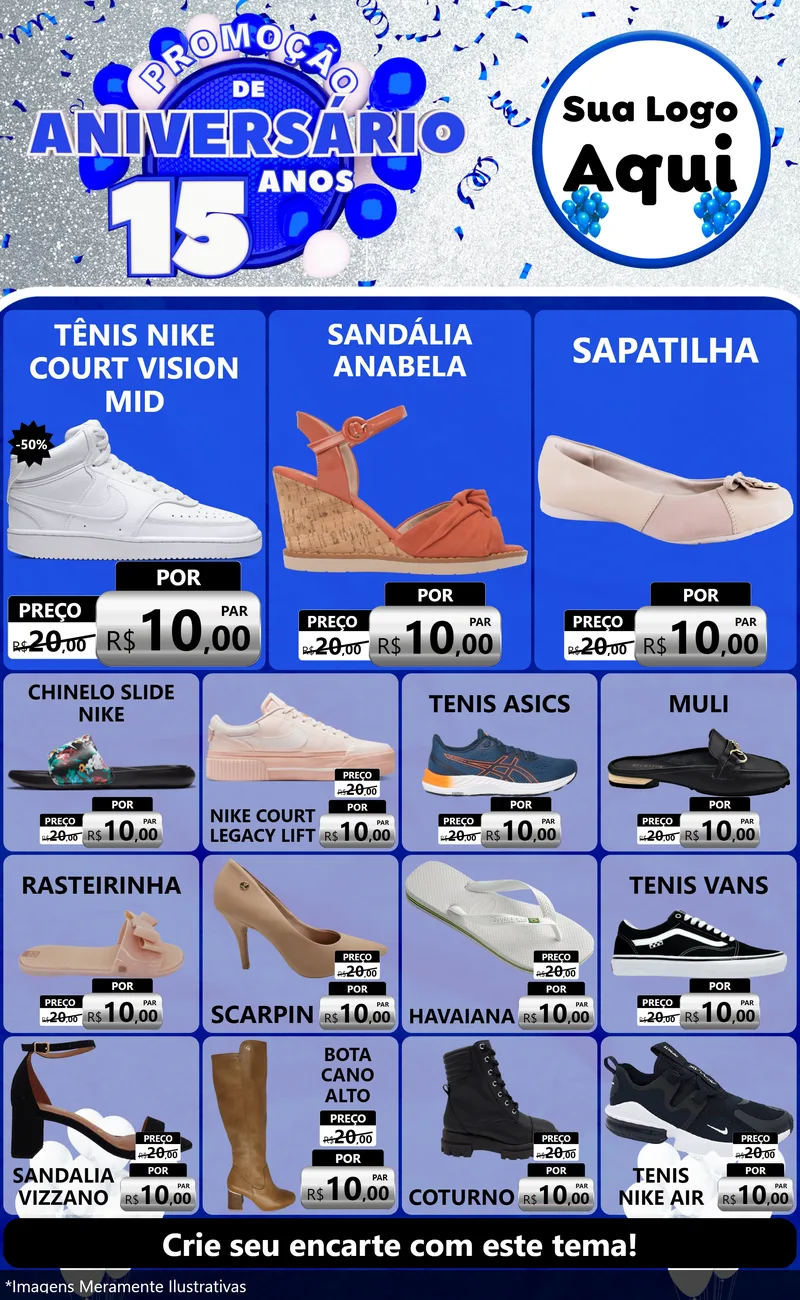 Modelo de Encarte para Encarte Grande com o tema Promoção de Aniversário - 15 Anos para Calçados