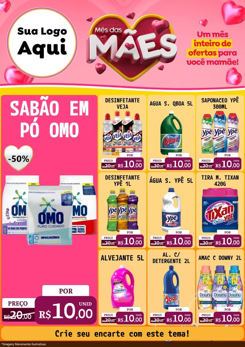 Modelo de Encarte para Encarte A4 Vertical com o tema Mês das Mães para Produtos de Limpeza
