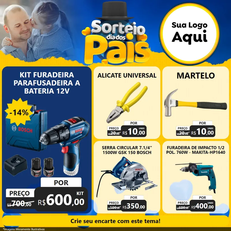 Modelo de Rede Social para Feed Facebook com o tema Sorteio Dia Dos Pais para Maquinas e Ferramentas