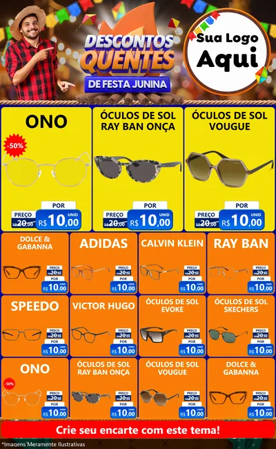 Modelo de Encarte para Encarte Grande com o tema Descontos Quentes de Festa Junina para Óticas