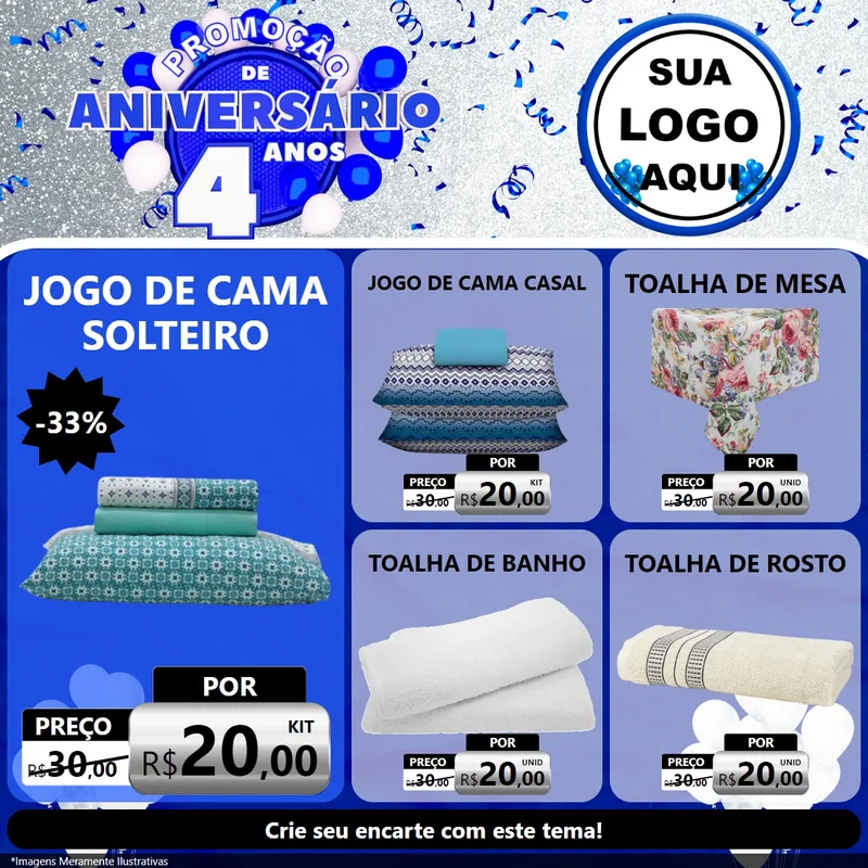Modelo de Rede Social para Feed Facebook com o tema Promoção de Aniversário - 4 Anos para Cama, Mesa e Banho