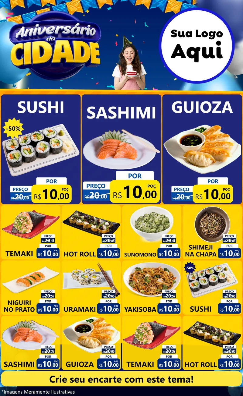 Modelo de Encarte para Encarte Grande com o tema Aniversário da Cidade para Comida japonesa