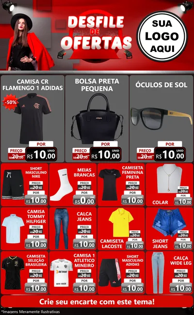 Modelo de Encarte para Encarte Grande com o tema Desfile de Ofertas para Roupas e acessórios