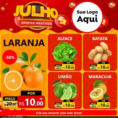 Modelo de Rede Social para Feed Facebook com o tema Julho Ofertas Imbatíveis para Hortifrúti