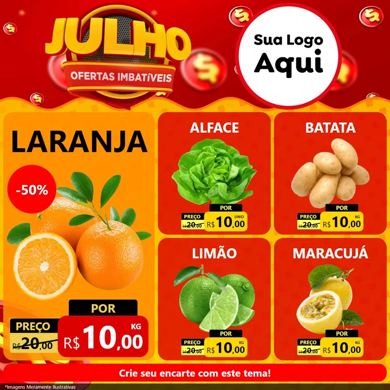 Modelo de Rede Social para Feed Facebook com o tema Julho Ofertas Imbatíveis para Hortifrúti
