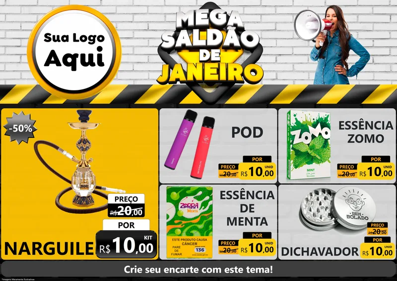 Modelo de Encarte para Encarte A4 Horizontal com o tema Mega Saldão de Janeiro para Tabacaria