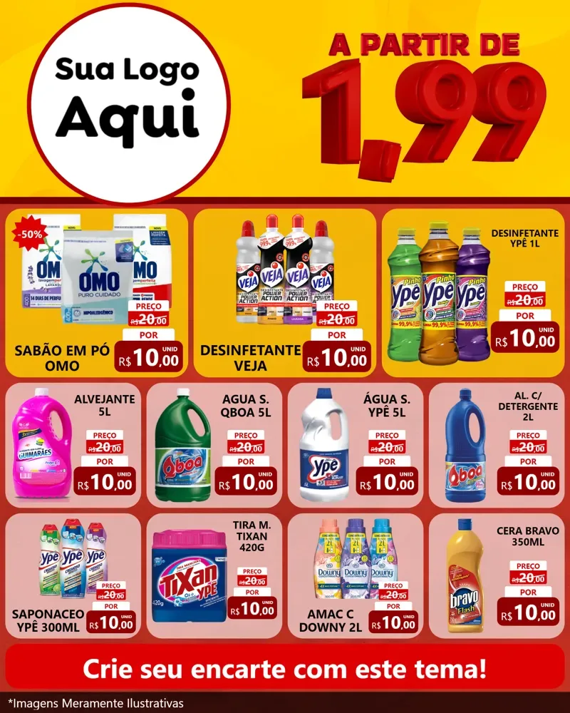 Modelo de Rede Social para Feed Instagram com o tema A Partir de Um e Noventa e Nove - 1,99 para Produtos de Limpeza