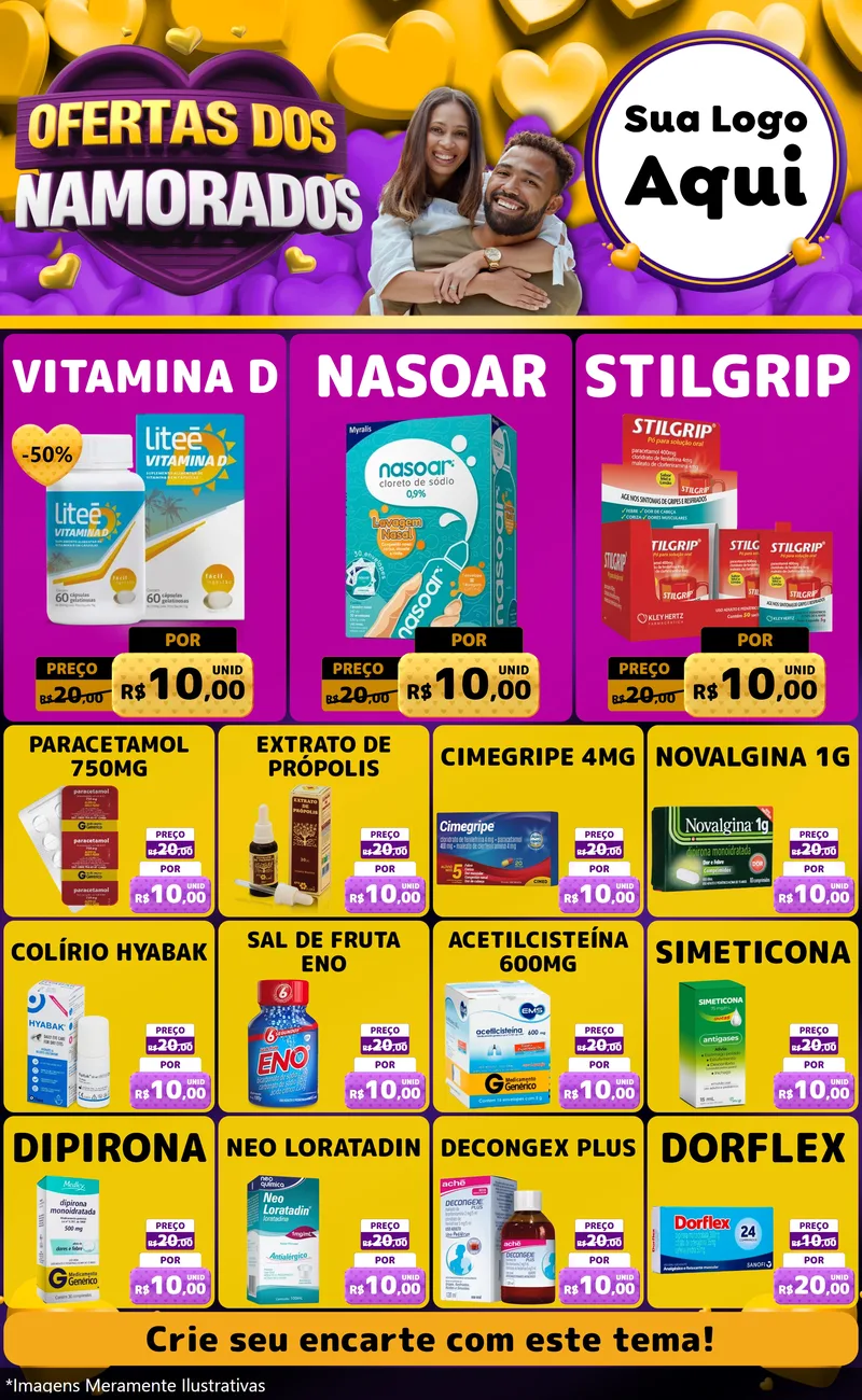 Modelo de Encarte para Encarte Grande com o tema Oferta Dos Namorados para Farmácia