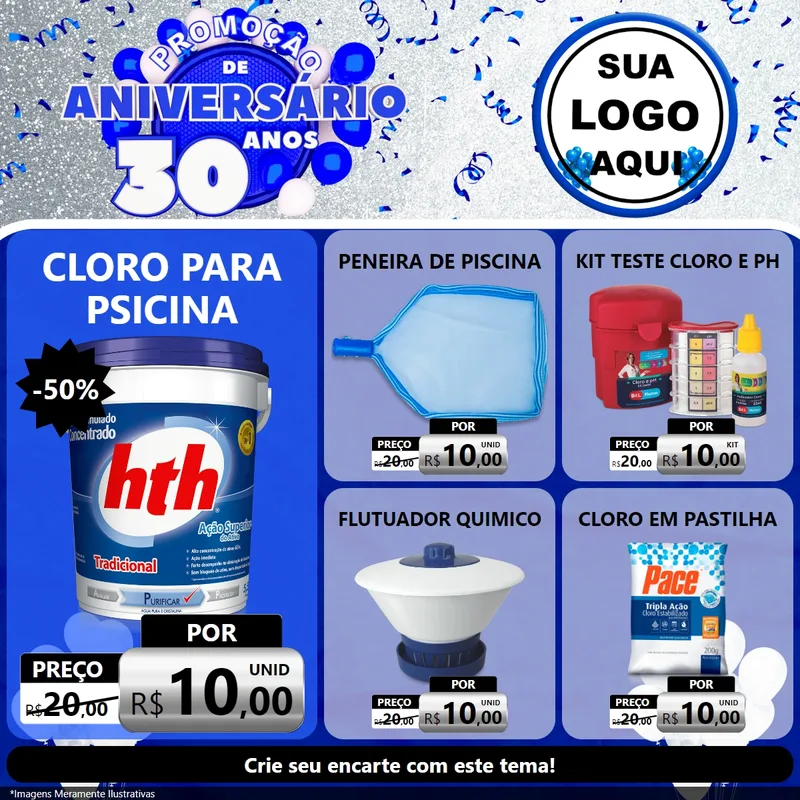Modelo de Rede Social para Feed Facebook com o tema Promoção de Aniversário - 30 Anos para Produtos para Piscina