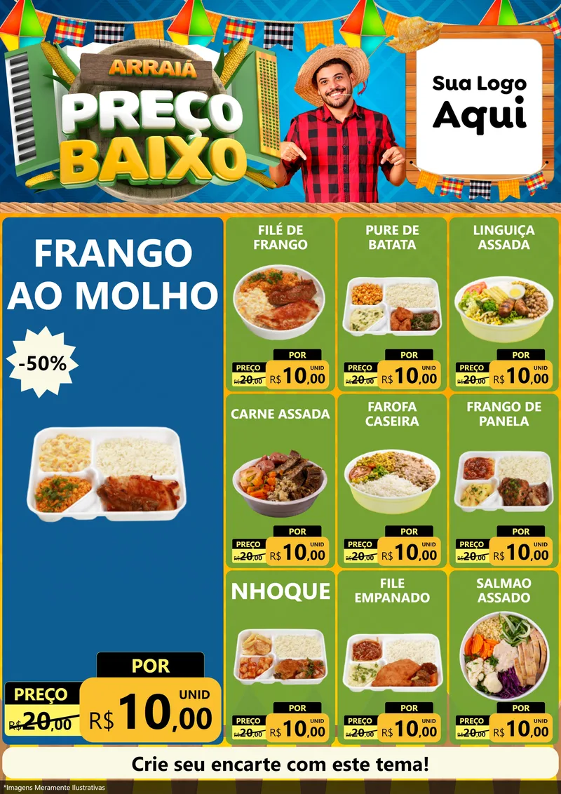 Modelo de Encarte para Encarte A4 Vertical com o tema Arraiá de Preço Baixo - Junina para Restaurante