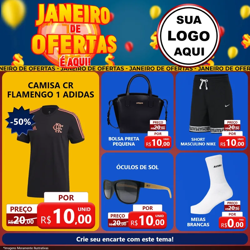 Modelo de Rede Social para Feed Facebook com o tema Janeiro de Ofertas É Aqui! para Roupas e acessórios