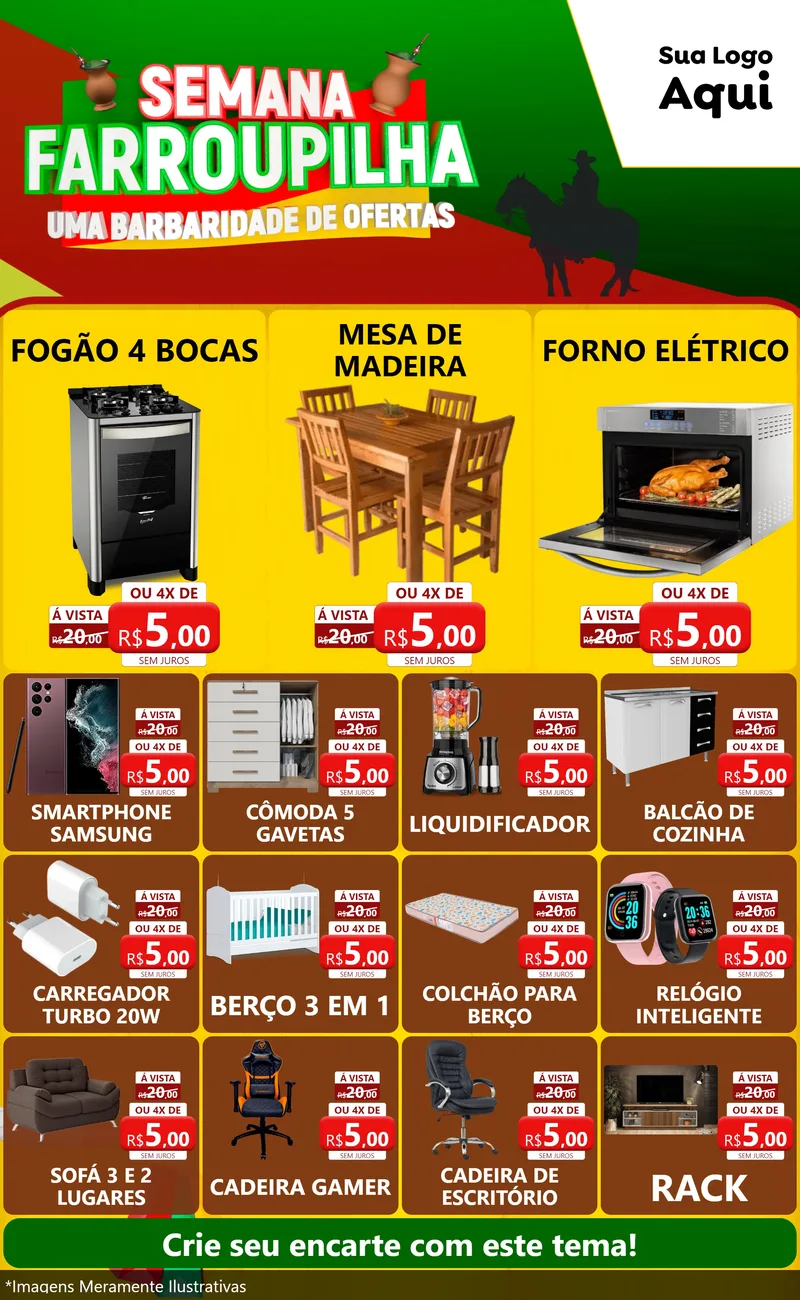 Modelo de Encarte para Encarte Grande com o tema Semana Farroupilha - Uma Barbaridade de Ofertas para Móveis e Eletro
