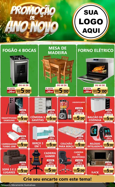 Modelo de Encarte para Encarte Grande com o tema Promoção de Ano Novo para Móveis e Eletro