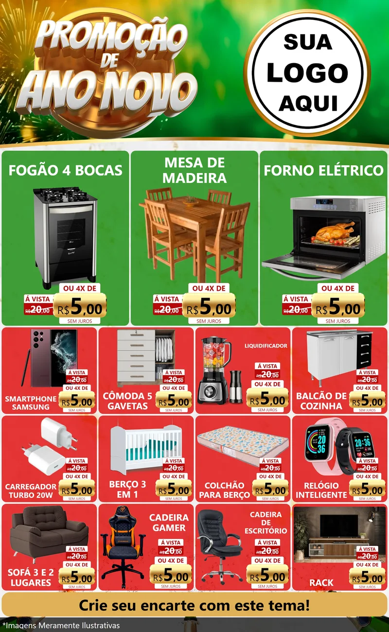 Modelo de Encarte para Encarte Grande com o tema Promoção de Ano Novo para Móveis e Eletro