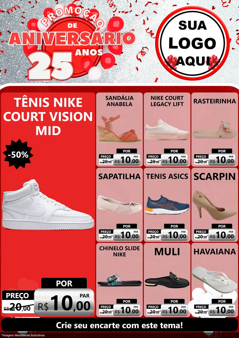 Modelo de Encarte para Encarte A4 Vertical com o tema Promoção de Aniversário - 25Anos para Calçados