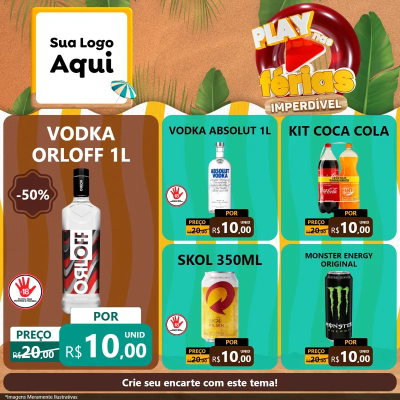 Modelo de Rede Social para Feed Facebook com o tema Play Nas Férias Imperdível para Distribuidora de bebidas