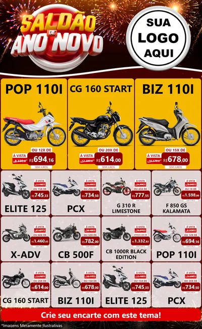 Modelo de Encarte para Encarte Grande com o tema Saldão de Ano Novo para Concessionaria de Motos