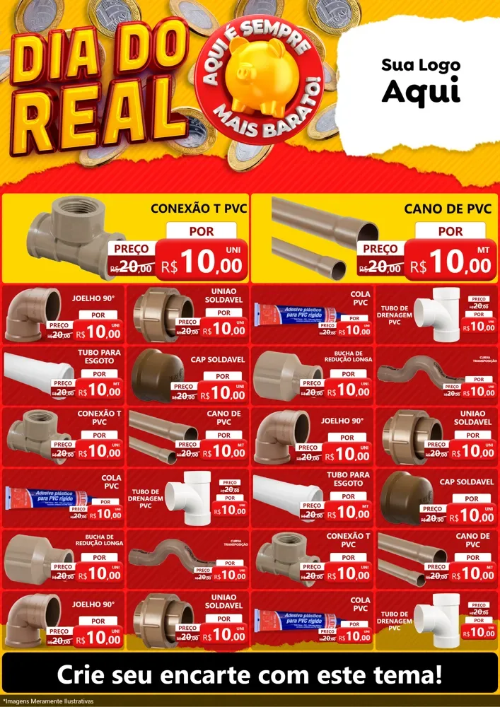 Modelo de Encarte para Encarte A4 Vertical com o tema Dia Do Real para Tubos e conexões